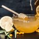 composition lemon tea in a transparent glass with a handle and a plate with honey ,the concept of hot drinks and health